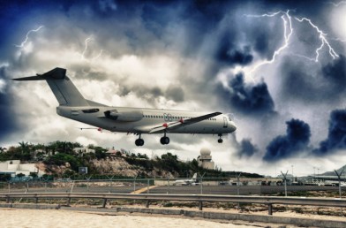 Airplane landing in the storm