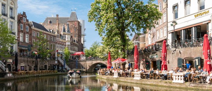 Oudaen  Castle and Oudegracht canal in Utrecht, Netherlands